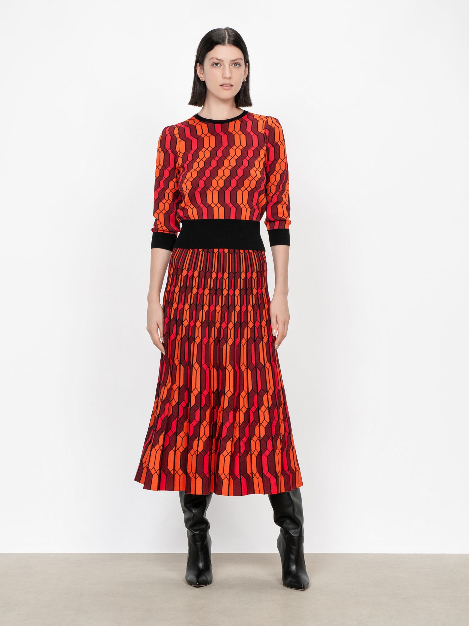 Geometric Pleated Knit Jacquard Skirt | Buy Skirts Online - Veronika Maine