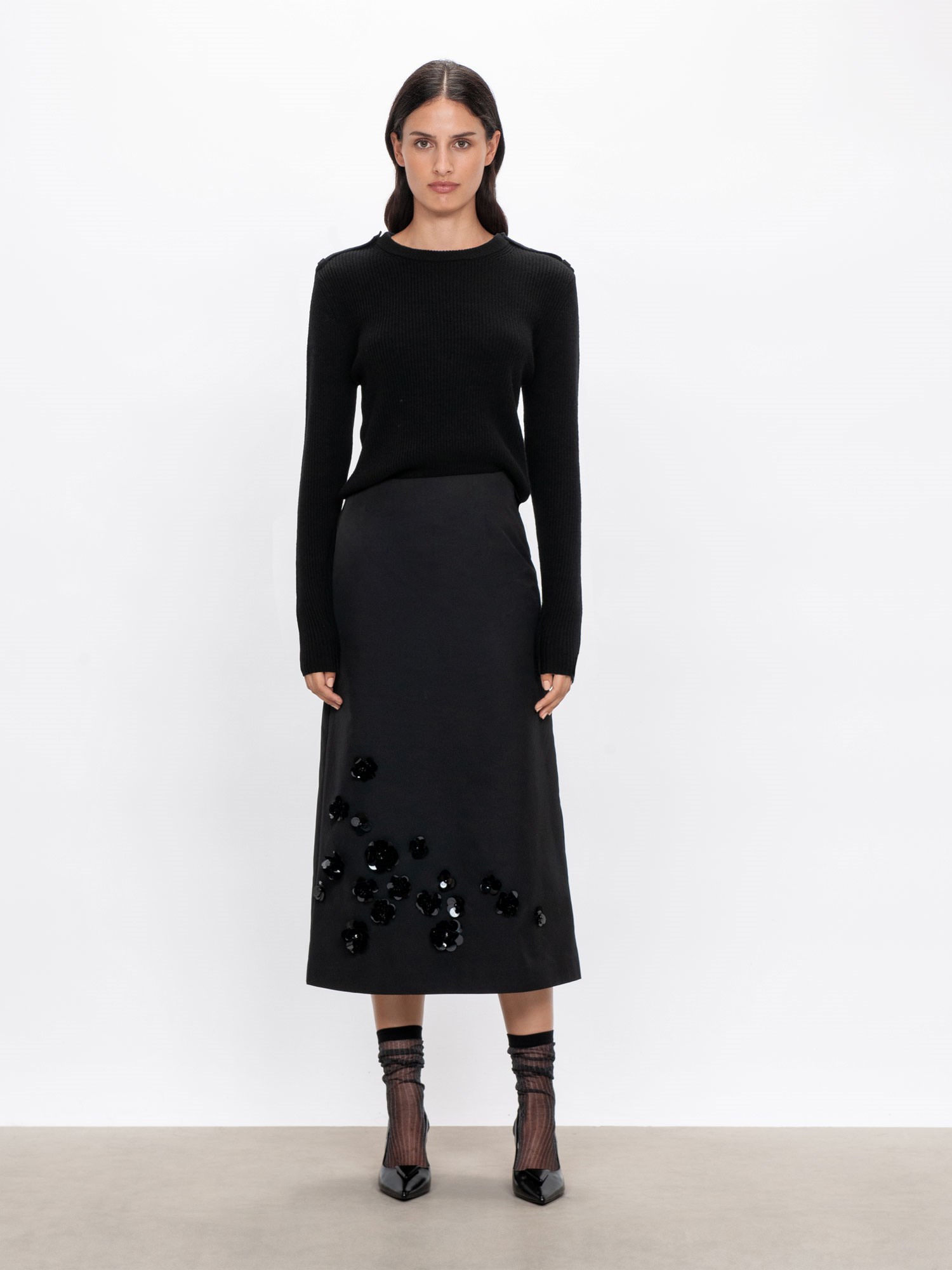 Taffeta Sequin Flower Midi Skirt | Buy Skirts Online - Veronika Maine