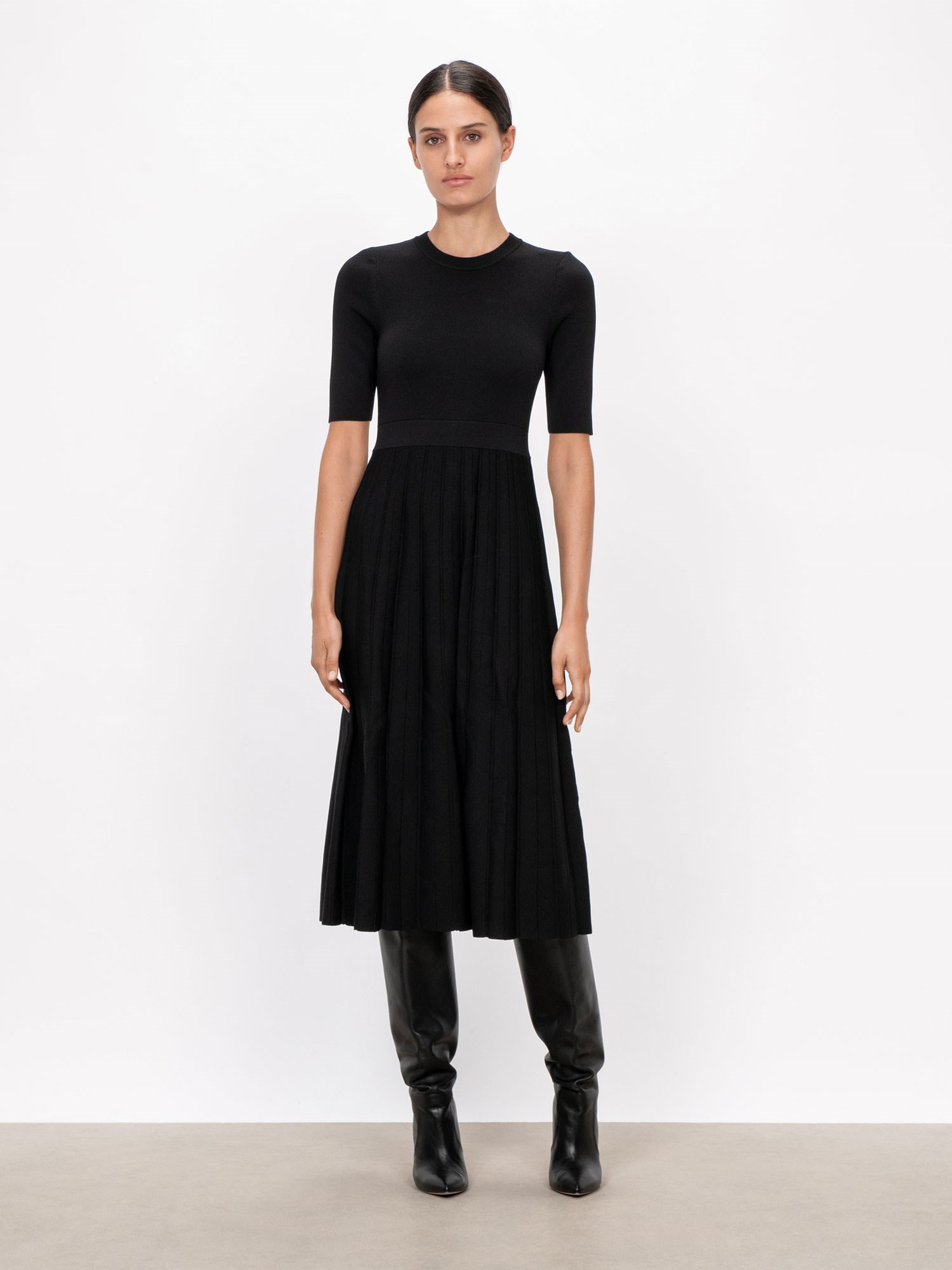 Elbow Sleeve Pleated Knit Dress | Buy Dresses Online - Veronika Maine